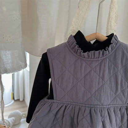 ノースリーブワンピース キッズワンピース キルティングフリルノースリーブ防寒ワンピース ジャンパースカート【mh0007916】