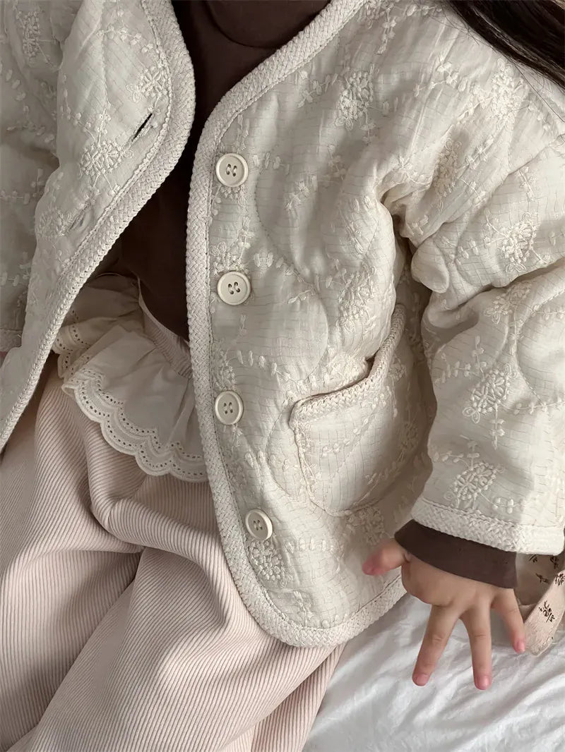 ショートコート・ジャケット・ジャンパー キッズアウター 刺繍フラワーバイピングパデッドジャケットコート【mh0007920】