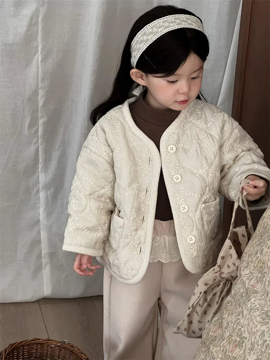 ショートコート・ジャケット・ジャンパー キッズアウター 刺繍フラワーバイピングパデッドジャケットコート【mh0007920】