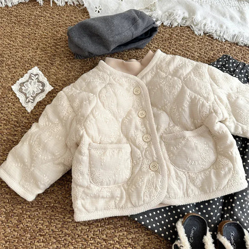 ショートコート・ジャケット・ジャンパー キッズアウター 刺繍フラワーバイピングパデッドジャケットコート【mh0007920】