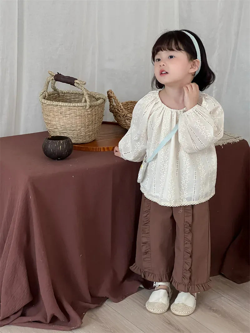 ロングパンツ・スウェットパンツ キッズパンツ センター裾フリルワイドルーズロングパンツ【mh0008901】