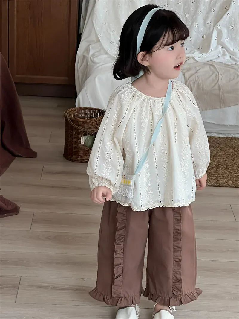 ロングパンツ・スウェットパンツ キッズパンツ センター裾フリルワイドルーズロングパンツ【mh0008901】