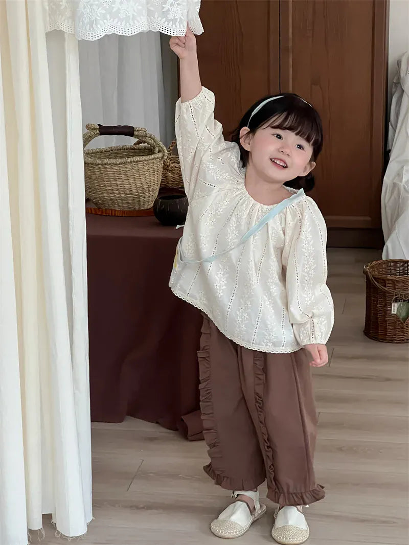 長袖シャツ・ブラウス キッズトップス フラワーレース刺繍長袖パフスリーブスモックチュニックブラウス【mh0008906】