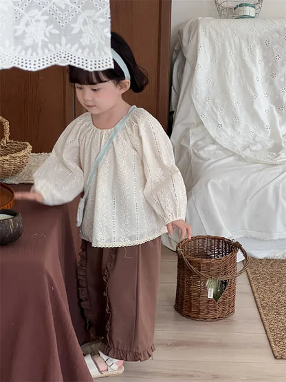 長袖シャツ・ブラウス キッズトップス フラワーレース刺繍長袖パフスリーブスモックチュニックブラウス【mh0008906】