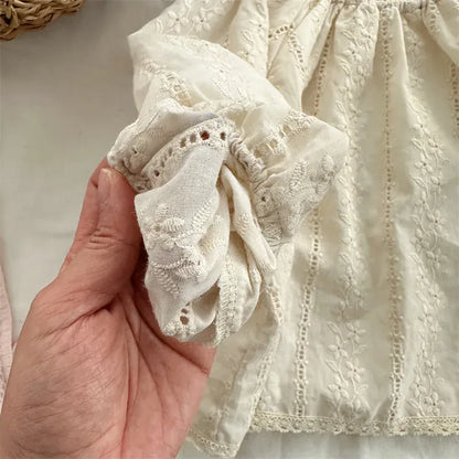 長袖シャツ・ブラウス キッズトップス フラワーレース刺繍長袖パフスリーブスモックチュニックブラウス【mh0008906】