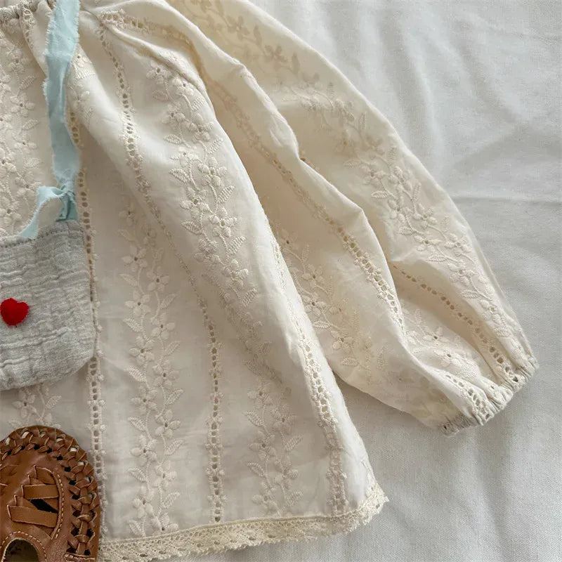 長袖シャツ・ブラウス キッズトップス フラワーレース刺繍長袖パフスリーブスモックチュニックブラウス【mh0008906】