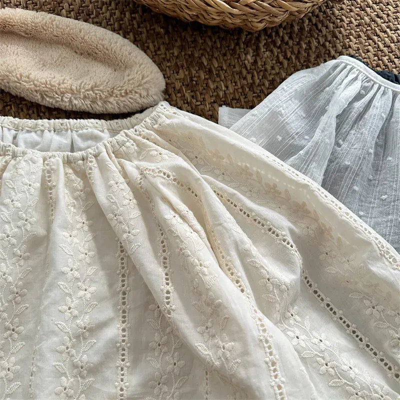 長袖シャツ・ブラウス キッズトップス フラワーレース刺繍長袖パフスリーブスモックチュニックブラウス【mh0008906】