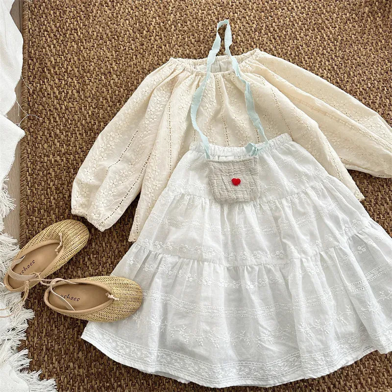 長袖シャツ・ブラウス キッズトップス フラワーレース刺繍長袖パフスリーブスモックチュニックブラウス【mh0008906】