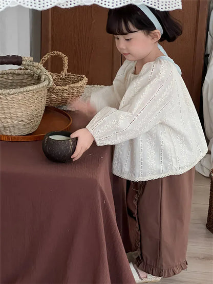 長袖シャツ・ブラウス キッズトップス フラワーレース刺繍長袖パフスリーブスモックチュニックブラウス【mh0008906】