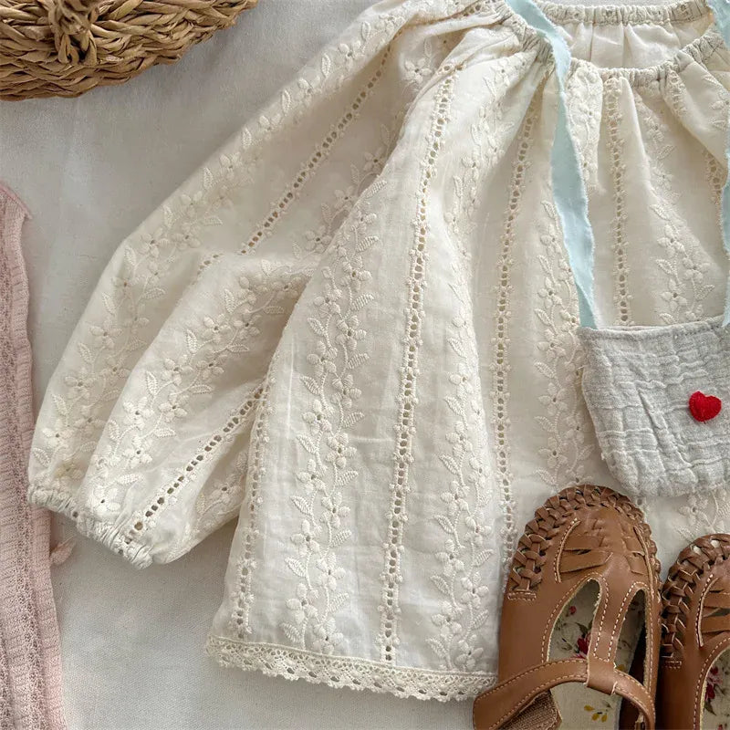 長袖シャツ・ブラウス キッズトップス フラワーレース刺繍長袖パフスリーブスモックチュニックブラウス【mh0008906】