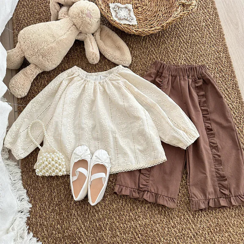 長袖シャツ・ブラウス キッズトップス フラワーレース刺繍長袖パフスリーブスモックチュニックブラウス【mh0008906】