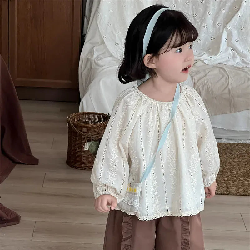 長袖シャツ・ブラウス キッズトップス フラワーレース刺繍長袖パフスリーブスモックチュニックブラウス【mh0008906】