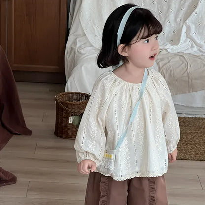 長袖シャツ・ブラウス キッズトップス フラワーレース刺繍長袖パフスリーブスモックチュニックブラウス【mh0008906】