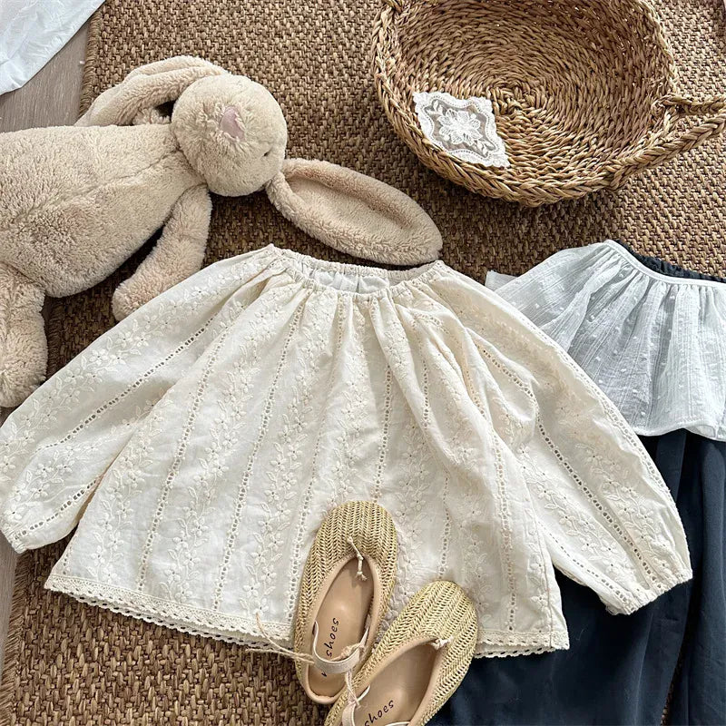 長袖シャツ・ブラウス キッズトップス フラワーレース刺繍長袖パフスリーブスモックチュニックブラウス【mh0008906】