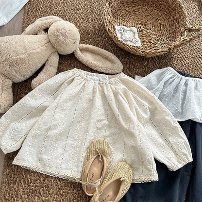 長袖シャツ・ブラウス キッズトップス フラワーレース刺繍長袖パフスリーブスモックチュニックブラウス【mh0008906】