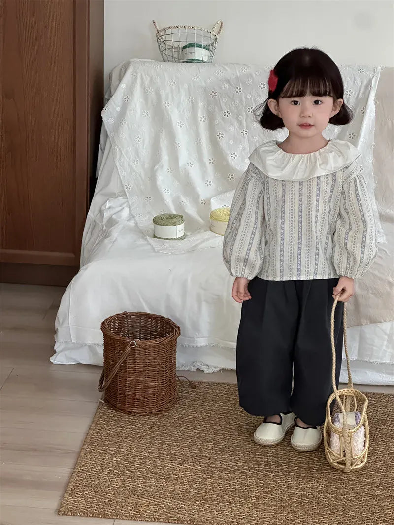 長袖シャツ・ブラウス キッズトップス ラッフル襟フラワーストライププリント長袖ブラウス【mh0008907】