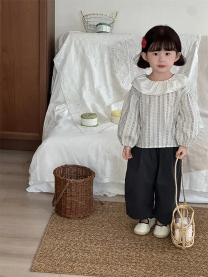 長袖シャツ・ブラウス キッズトップス ラッフル襟フラワーストライププリント長袖ブラウス【mh0008907】