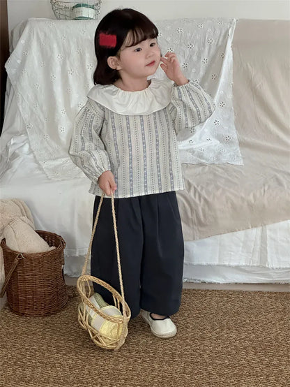 長袖シャツ・ブラウス キッズトップス ラッフル襟フラワーストライププリント長袖ブラウス【mh0008907】