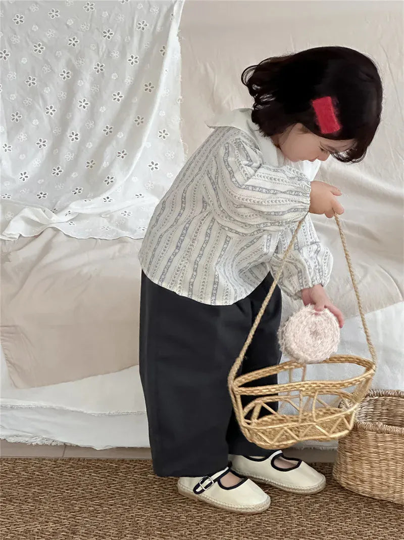 長袖シャツ・ブラウス キッズトップス ラッフル襟フラワーストライププリント長袖ブラウス【mh0008907】