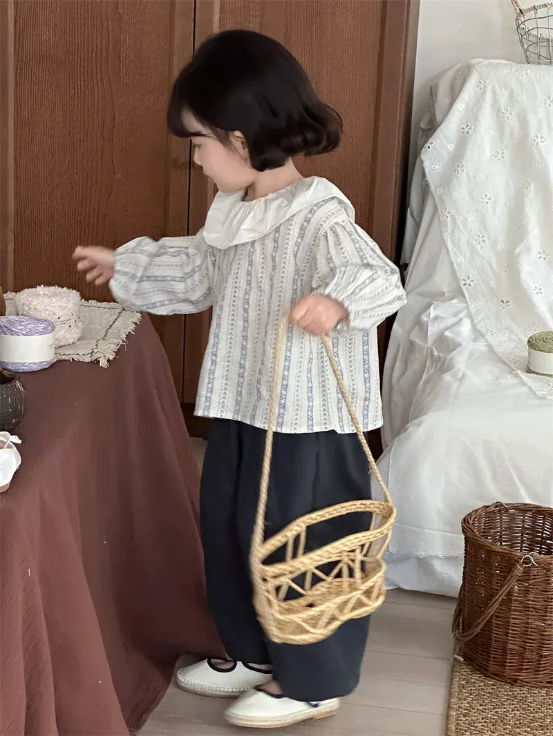 長袖シャツ・ブラウス キッズトップス ラッフル襟フラワーストライププリント長袖ブラウス【mh0008907】