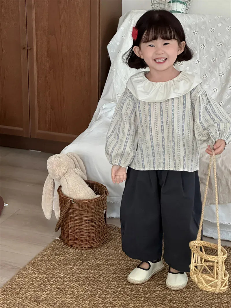 長袖シャツ・ブラウス キッズトップス ラッフル襟フラワーストライププリント長袖ブラウス【mh0008907】