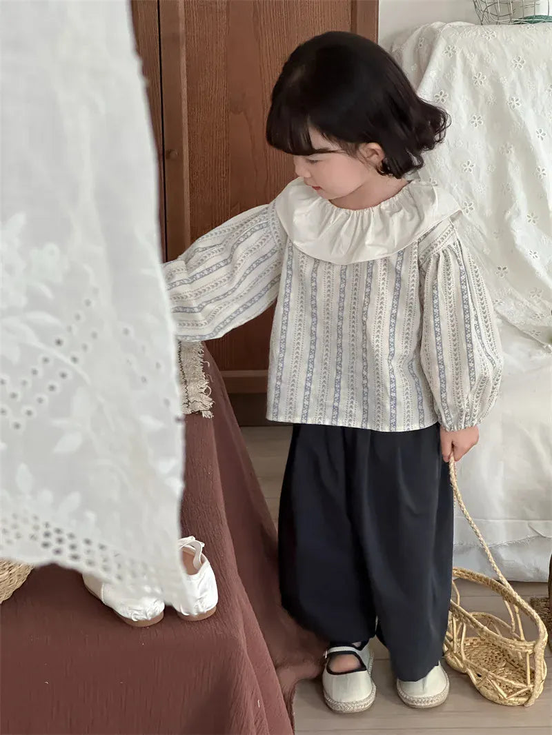 長袖シャツ・ブラウス キッズトップス ラッフル襟フラワーストライププリント長袖ブラウス【mh0008907】