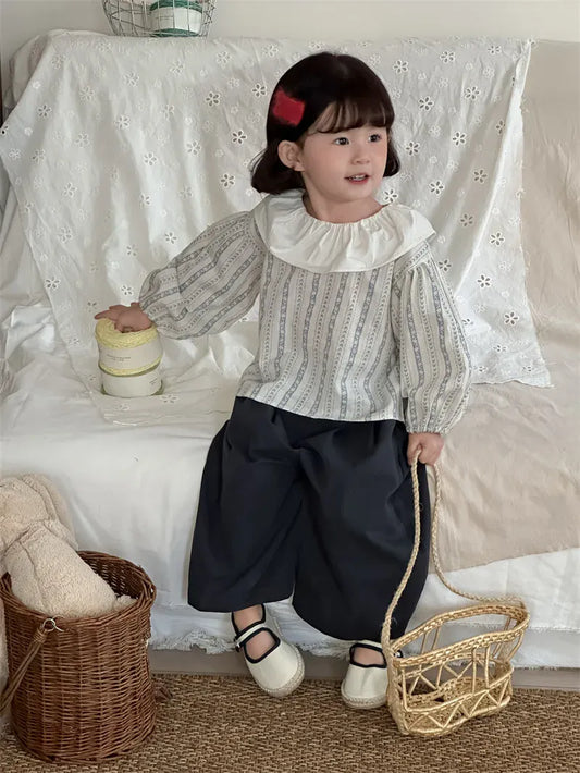 長袖シャツ・ブラウス キッズトップス ラッフル襟フラワーストライププリント長袖ブラウス【mh0008907】