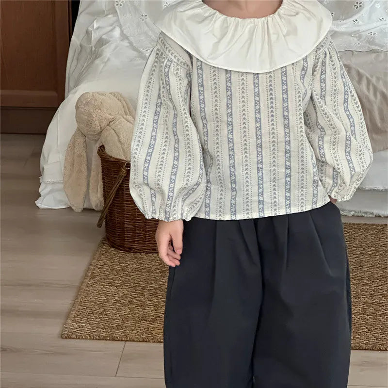 長袖シャツ・ブラウス キッズトップス ラッフル襟フラワーストライププリント長袖ブラウス【mh0008907】