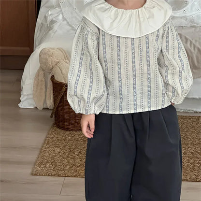 長袖シャツ・ブラウス キッズトップス ラッフル襟フラワーストライププリント長袖ブラウス【mh0008907】