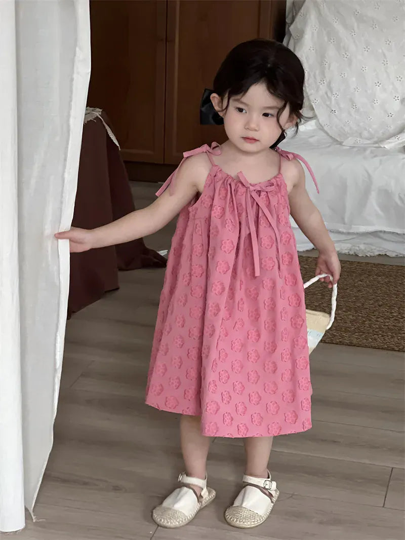 ノースリーブワンピース キッズワンピース フラワー水玉エンボスキャミソールワンピース【mh0008908】