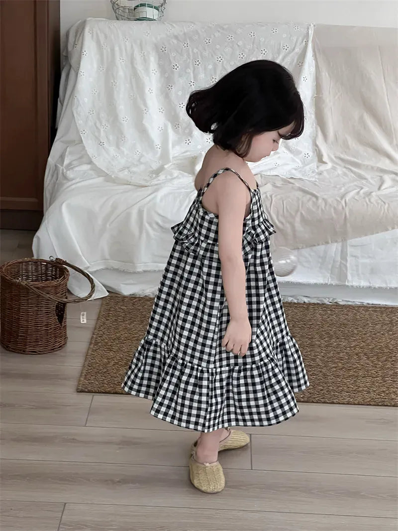 ノースリーブワンピース キッズワンピース チェックフリルキャミソールワンピース【mh0008909】