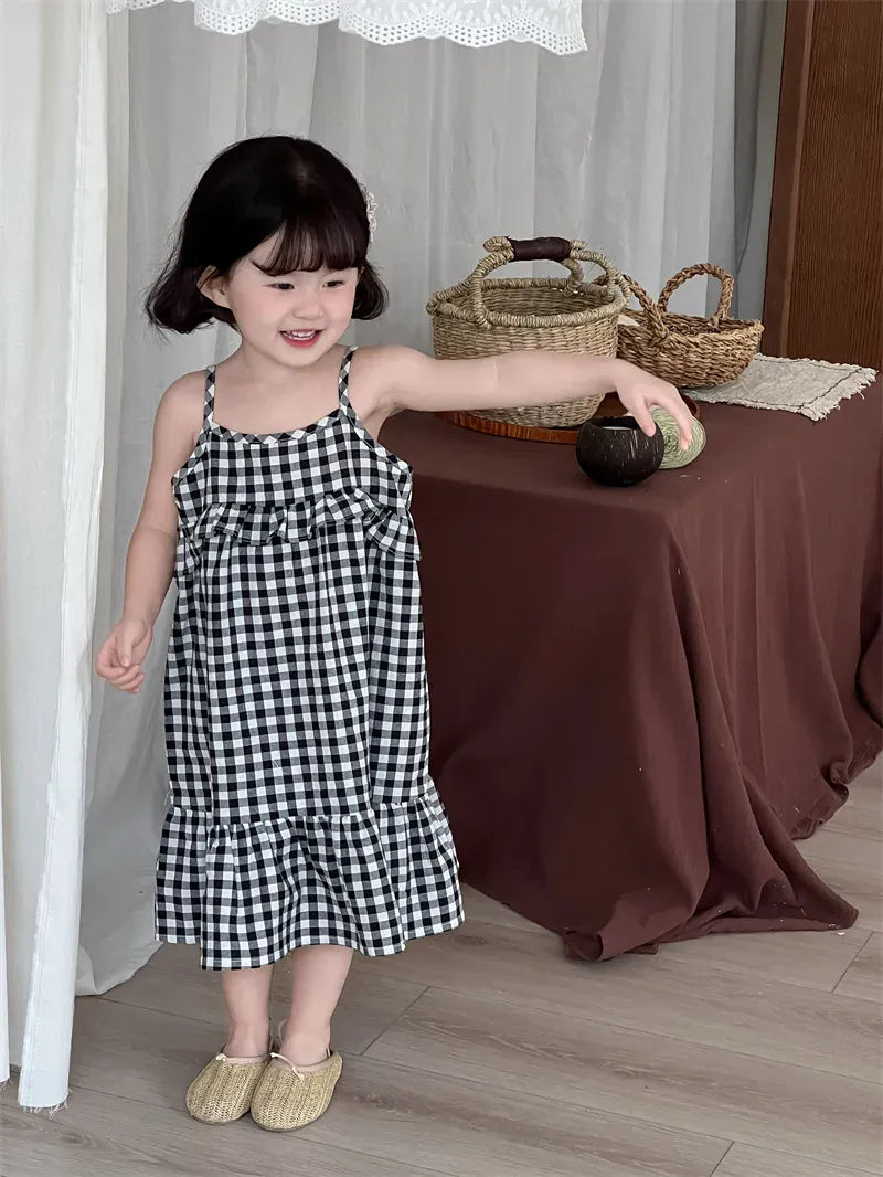 ノースリーブワンピース キッズワンピース チェックフリルキャミソールワンピース【mh0008909】