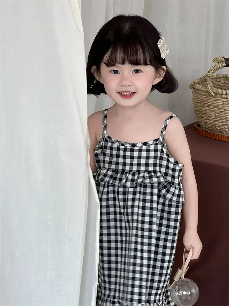 ノースリーブワンピース キッズワンピース チェックフリルキャミソールワンピース【mh0008909】