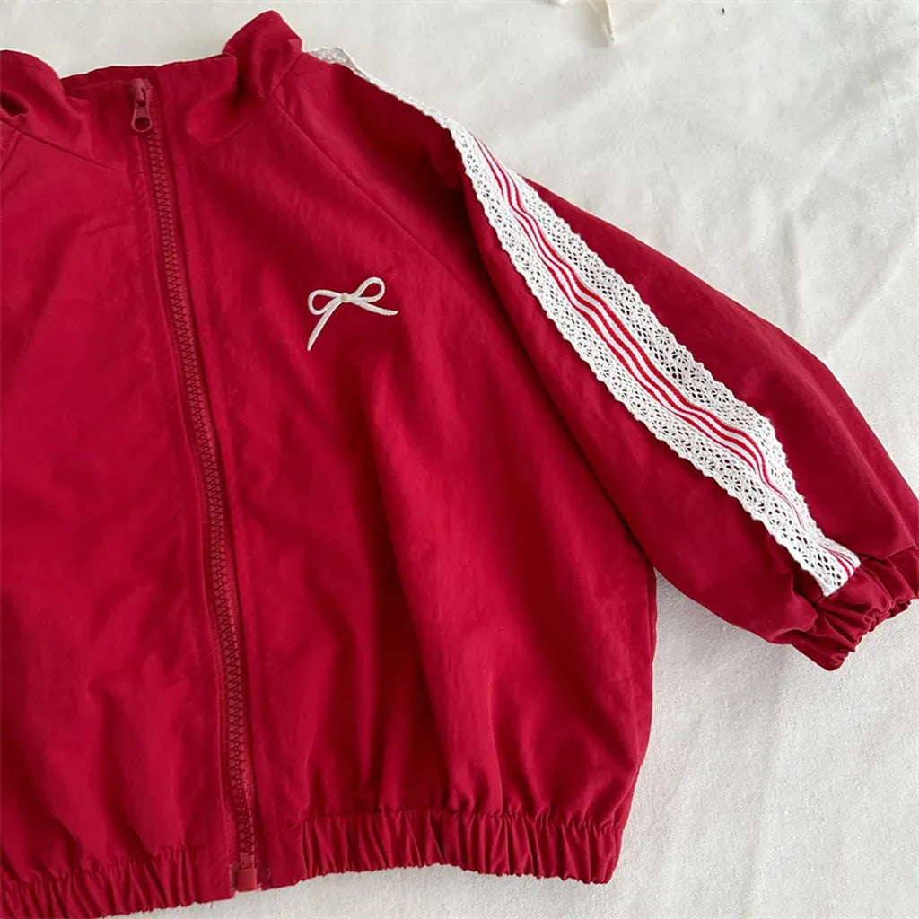 ショートコート・ジャケット・ジャンパー リボン刺繍サイドレースジップアップジャケット【mh0011252】