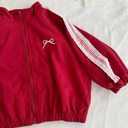 ショートコート・ジャケット・ジャンパー リボン刺繍サイドレースジップアップジャケット【mh0011252】