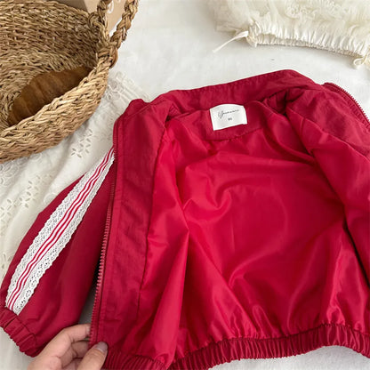 ショートコート・ジャケット・ジャンパー リボン刺繍サイドレースジップアップジャケット【mh0011252】