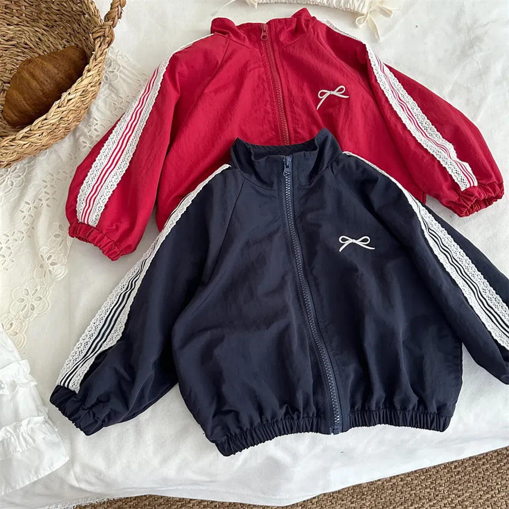 ショートコート・ジャケット・ジャンパー リボン刺繍サイドレースジップアップジャケット【mh0011252】