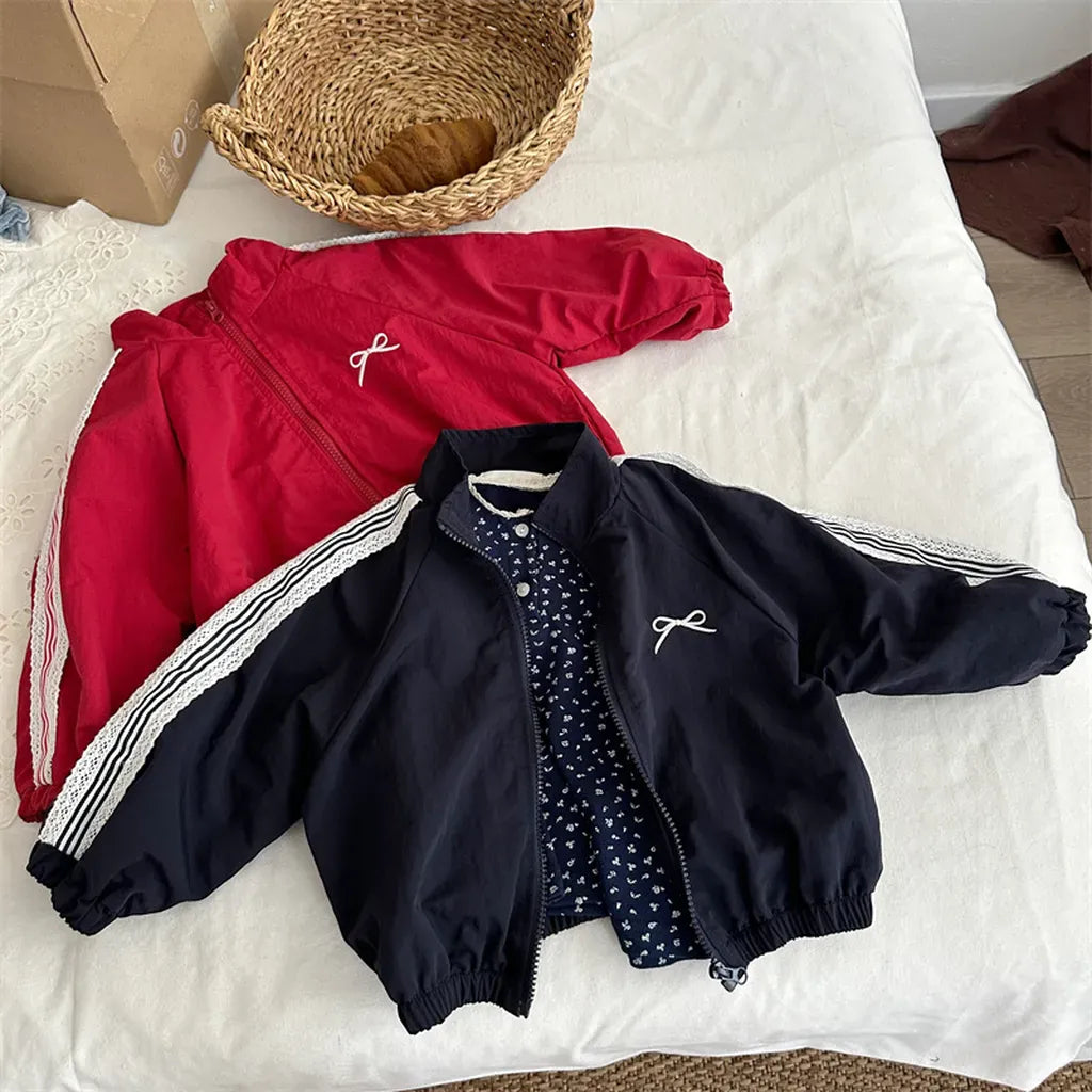 ショートコート・ジャケット・ジャンパー リボン刺繍サイドレースジップアップジャケット【mh0011252】