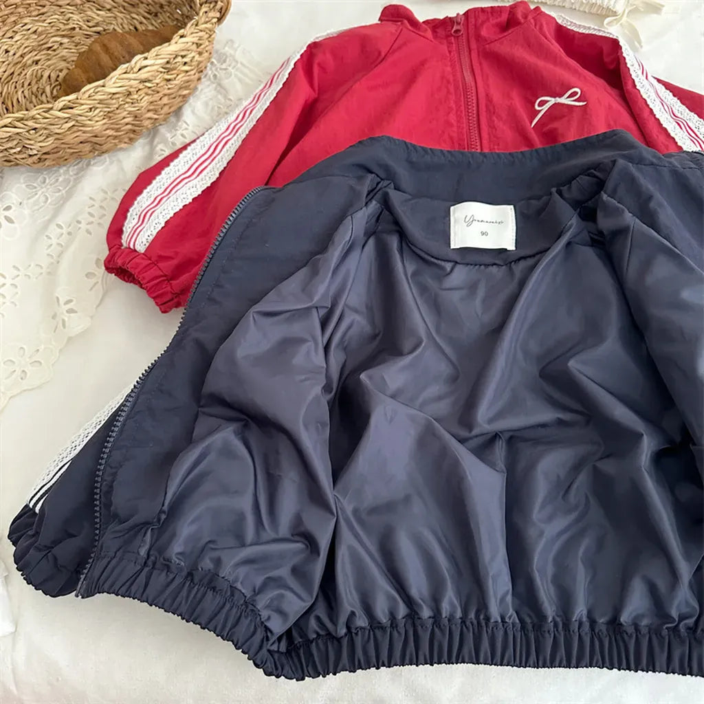 ショートコート・ジャケット・ジャンパー リボン刺繍サイドレースジップアップジャケット【mh0011252】