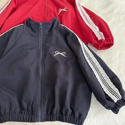 ショートコート・ジャケット・ジャンパー リボン刺繍サイドレースジップアップジャケット【mh0011252】