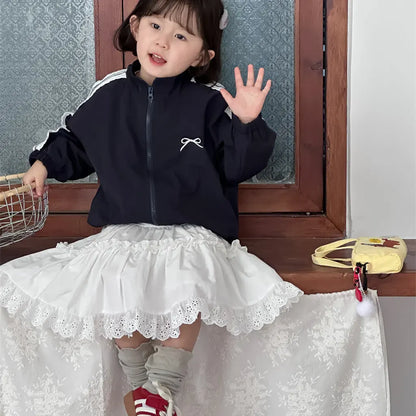 ショートコート・ジャケット・ジャンパー リボン刺繍サイドレースジップアップジャケット【mh0011252】