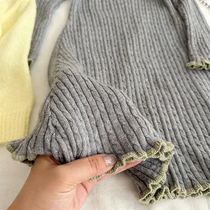 長袖ワンピース リブ編みメロウフリルウールニットワンピース【mh0011254】