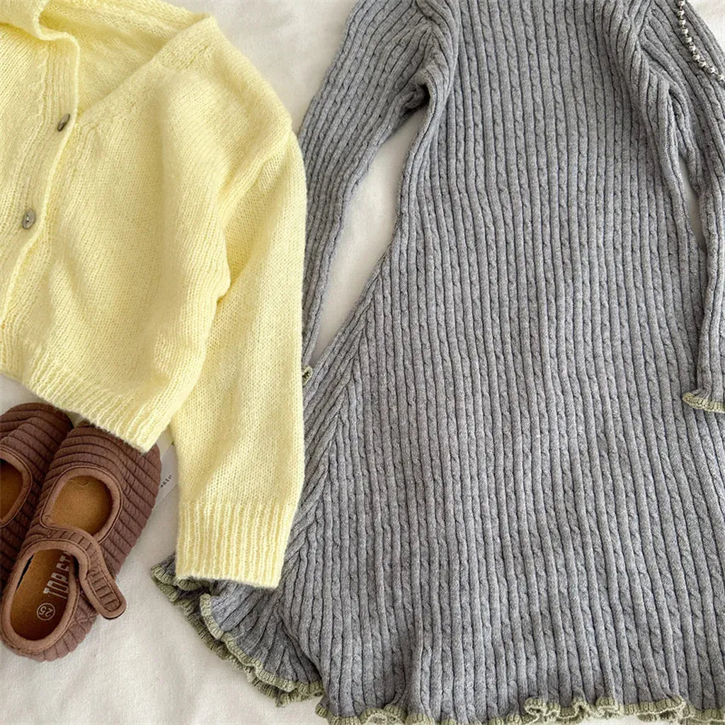 長袖ワンピース リブ編みメロウフリルウールニットワンピース【mh0011254】