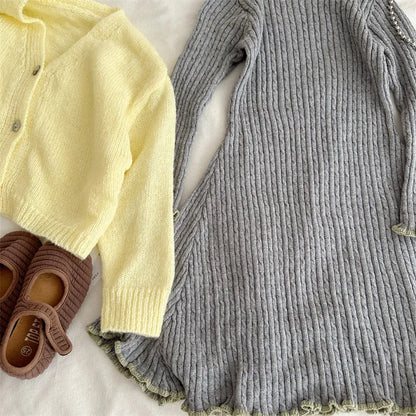 長袖ワンピース リブ編みメロウフリルウールニットワンピース【mh0011254】