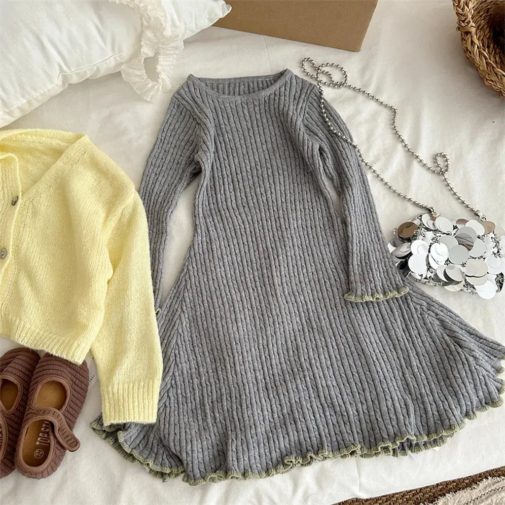 長袖ワンピース リブ編みメロウフリルウールニットワンピース【mh0011254】