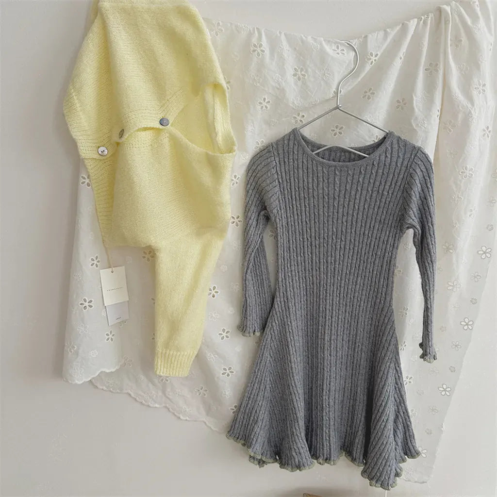 長袖ワンピース リブ編みメロウフリルウールニットワンピース【mh0011254】