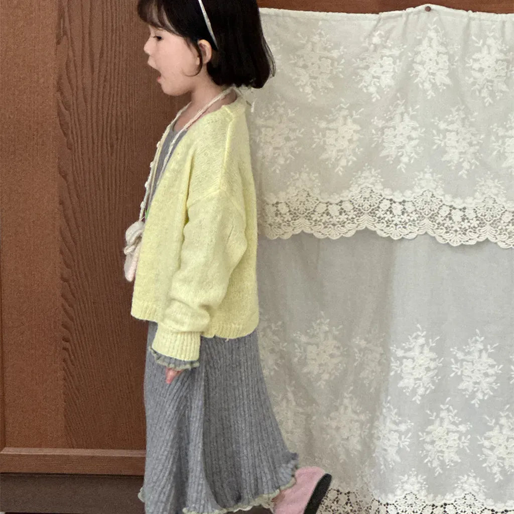 長袖ワンピース リブ編みメロウフリルウールニットワンピース【mh0011254】