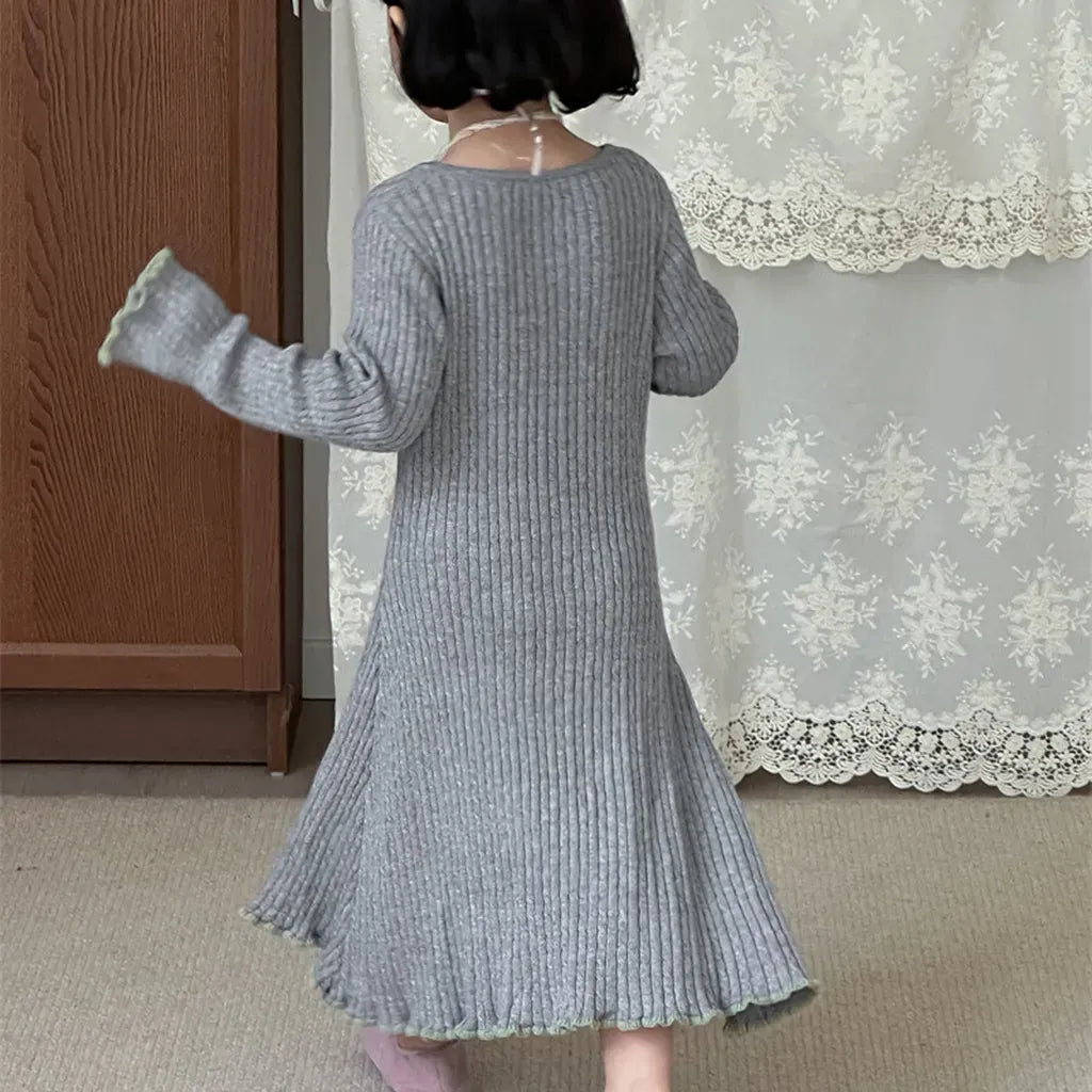 長袖ワンピース リブ編みメロウフリルウールニットワンピース【mh0011254】