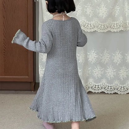 長袖ワンピース リブ編みメロウフリルウールニットワンピース【mh0011254】