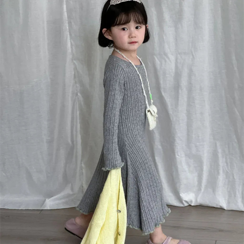 長袖ワンピース リブ編みメロウフリルウールニットワンピース【mh0011254】